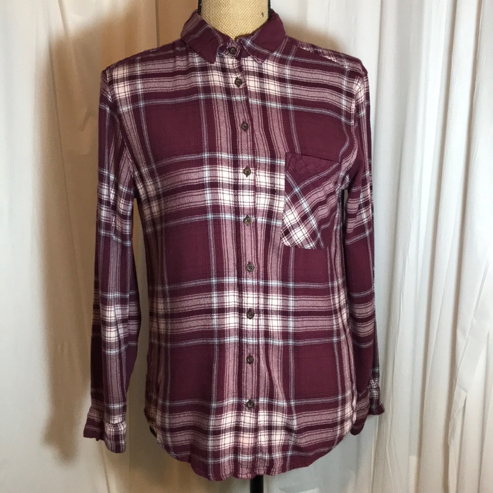 Garage Maroon Cream Plaid Flannel Button Down S